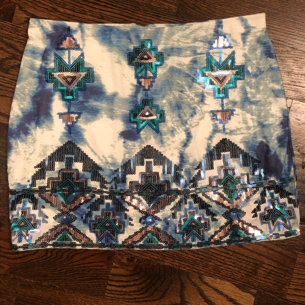 Express Blue Tie-Dye and Sequin Miniskirt